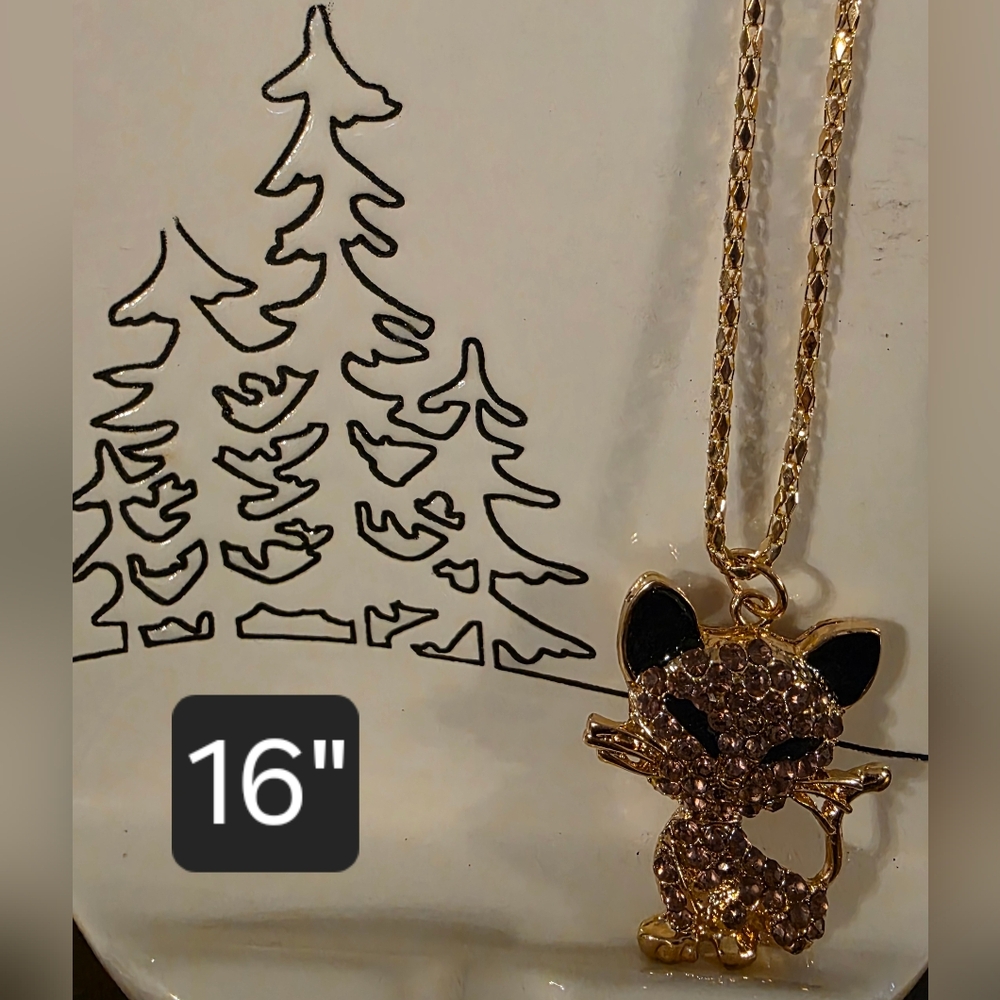 BETSY JOHNSON Gold Tone Cat Pendant Necklace